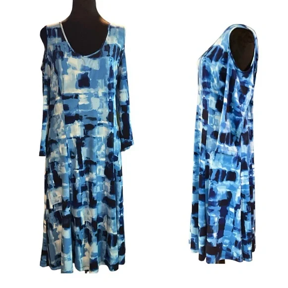 Susan Graver Cold Shoulder Blue Geometric Women’s Dress Size L - Picture 6 of 6
